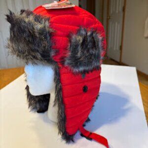 Red weather resistant Dakota Dan trooper hat with earflaps